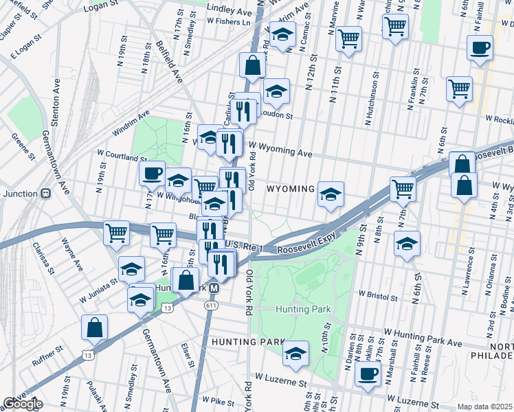 map of restaurants, bars, coffee shops, grocery stores, and more near 1317 West Wingohocking Street in Philadelphia