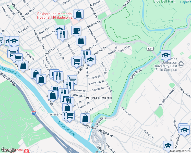 map of restaurants, bars, coffee shops, grocery stores, and more near 215 Rock Street in Philadelphia