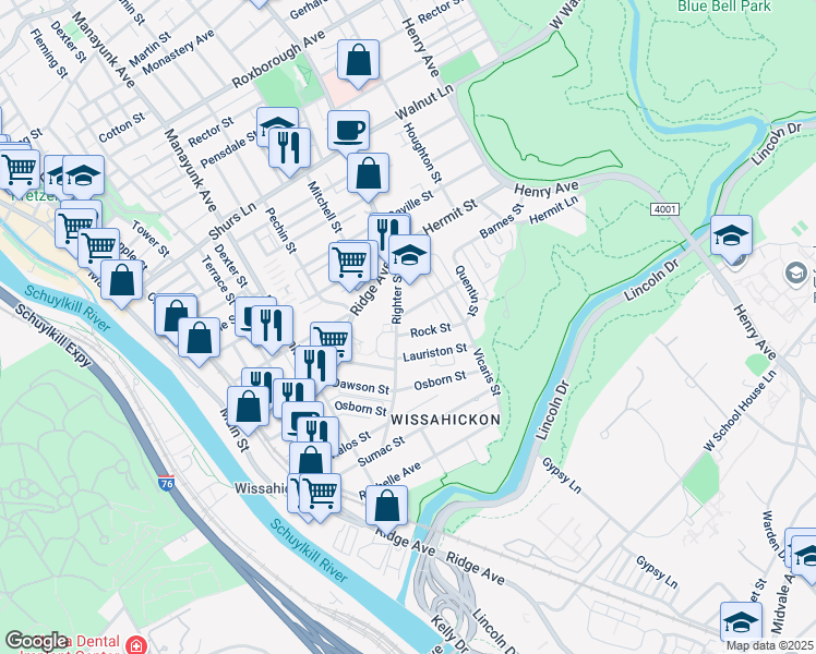 map of restaurants, bars, coffee shops, grocery stores, and more near 203 Rock Street in Philadelphia