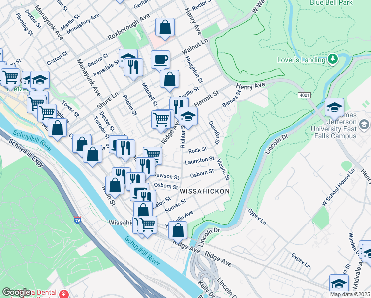 map of restaurants, bars, coffee shops, grocery stores, and more near 427 Righter Street in Philadelphia