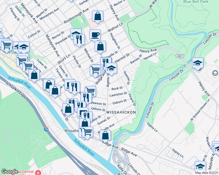 map of restaurants, bars, coffee shops, grocery stores, and more near 203 Rock Street in Philadelphia