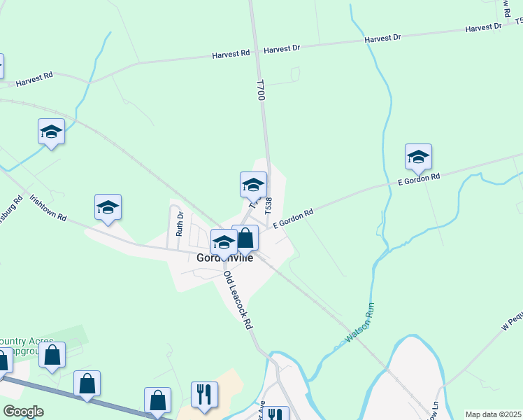 map of restaurants, bars, coffee shops, grocery stores, and more near 187 Old Leacock Road in Gordonville