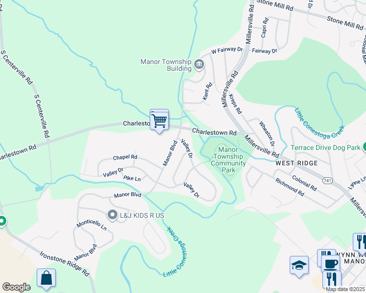 map of restaurants, bars, coffee shops, grocery stores, and more near 2555 Valley Drive in Lancaster
