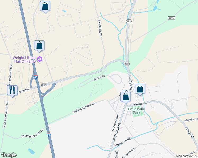 map of restaurants, bars, coffee shops, grocery stores, and more near 300 Bruaw Drive in York