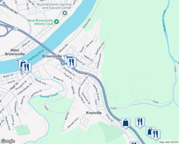 map of restaurants, bars, coffee shops, grocery stores, and more near 7 Steele Street in Brownsville