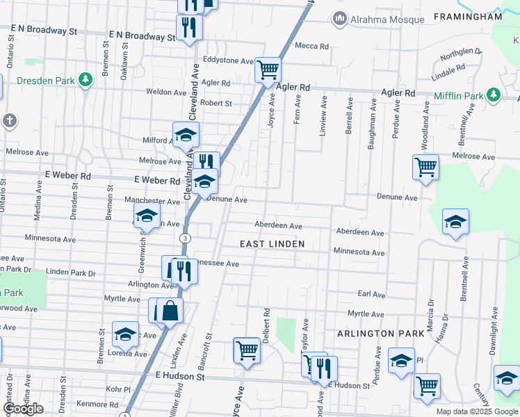 map of restaurants, bars, coffee shops, grocery stores, and more near 1897 Denune Avenue in Columbus