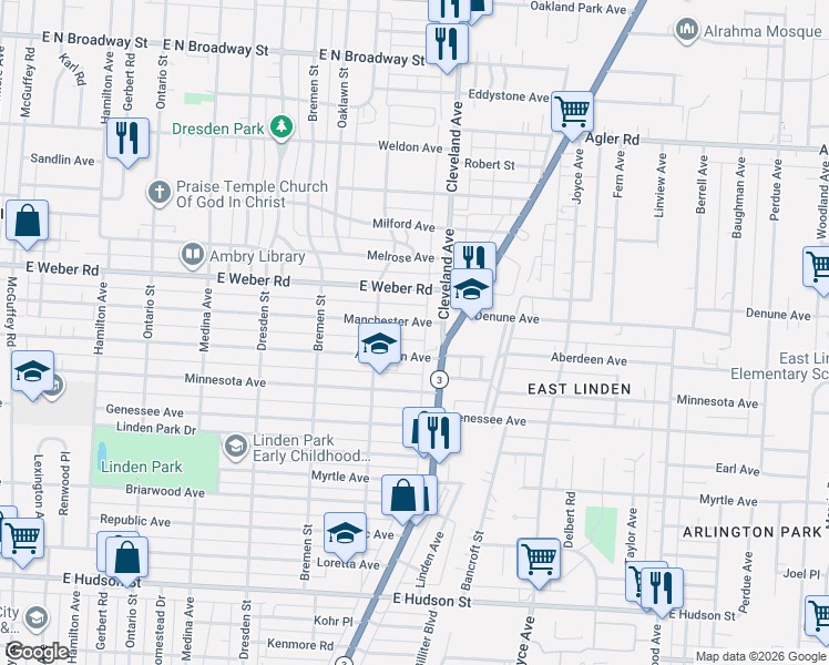 map of restaurants, bars, coffee shops, grocery stores, and more near 1677 Manchester Avenue in Columbus