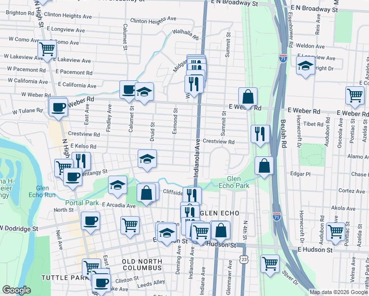 map of restaurants, bars, coffee shops, grocery stores, and more near 380 East Kelso Road in Columbus