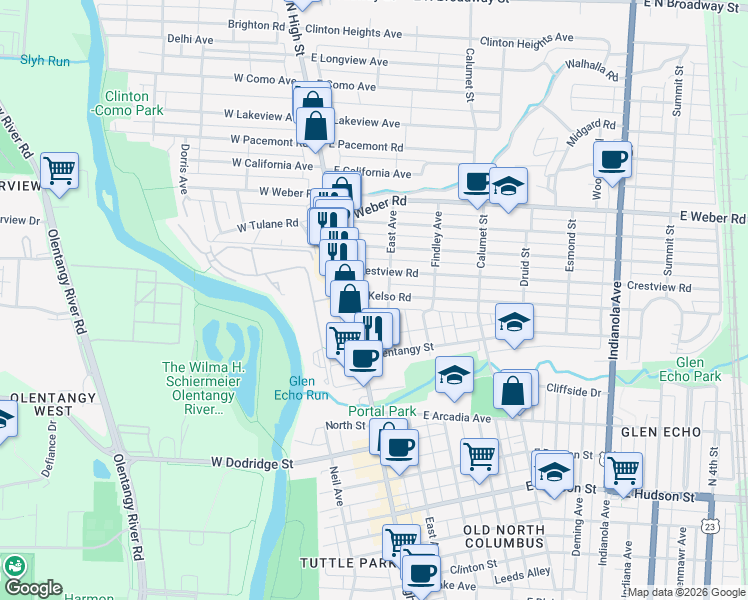 map of restaurants, bars, coffee shops, grocery stores, and more near 55 East Kelso Road in Columbus