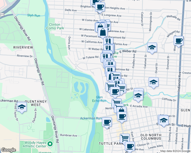 map of restaurants, bars, coffee shops, grocery stores, and more near 114 Olentangy Point in Columbus