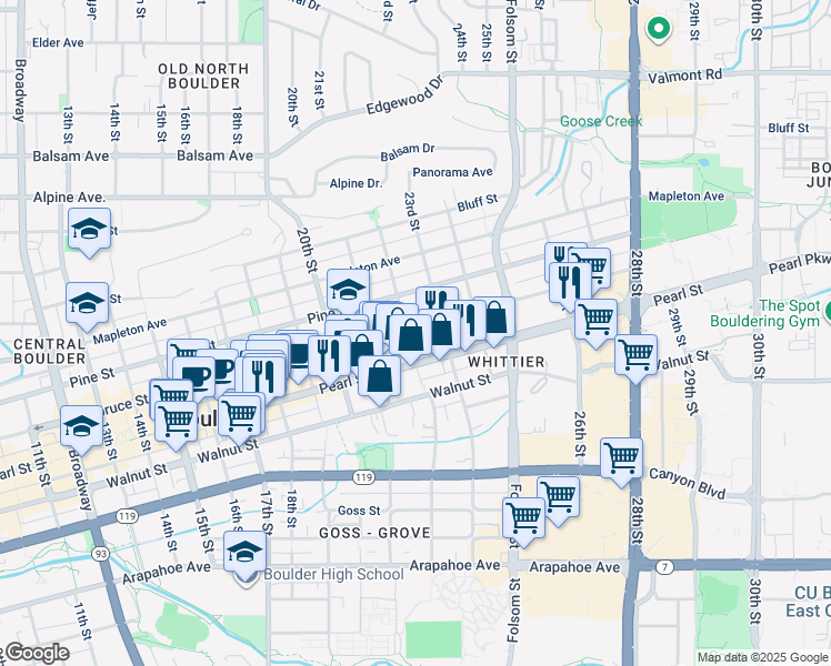 map of restaurants, bars, coffee shops, grocery stores, and more near 2230 Spruce Street in Boulder