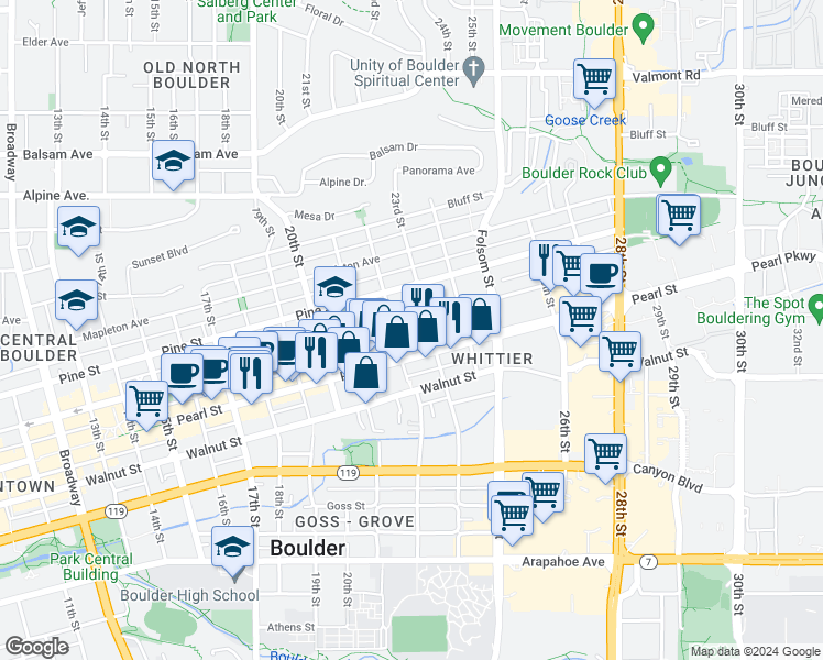 map of restaurants, bars, coffee shops, grocery stores, and more near 2224 Spruce Street in Boulder