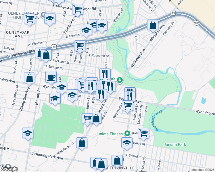 map of restaurants, bars, coffee shops, grocery stores, and more near 544 East Loudon Street in Philadelphia