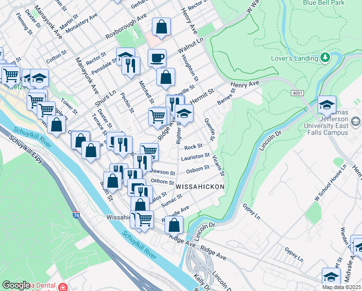 map of restaurants, bars, coffee shops, grocery stores, and more near 427 Righter Street in Philadelphia