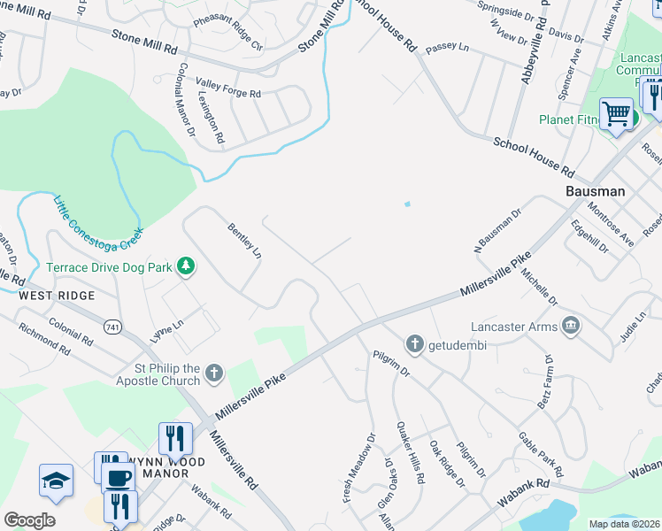map of restaurants, bars, coffee shops, grocery stores, and more near 1921 Millersville Pike in Lancaster