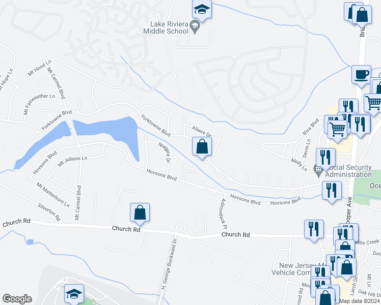 map of restaurants, bars, coffee shops, grocery stores, and more near 20 Bear Mountain Ct in Toms River