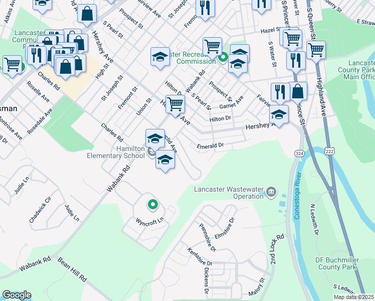 map of restaurants, bars, coffee shops, grocery stores, and more near 759 Euclid Avenue in Lancaster