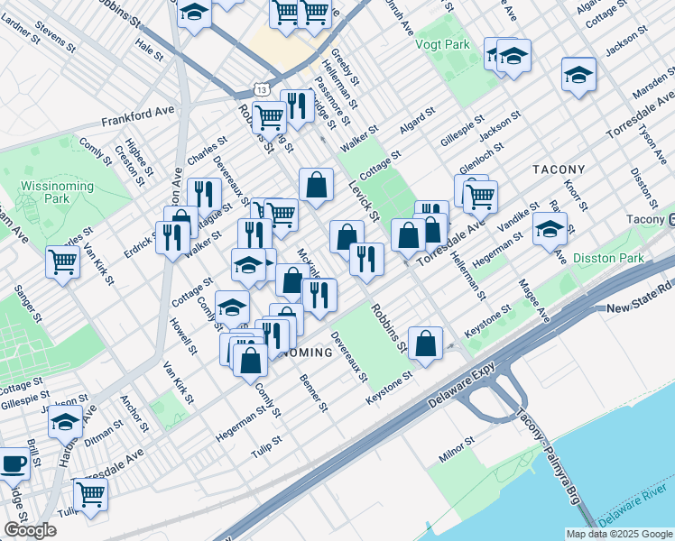 map of restaurants, bars, coffee shops, grocery stores, and more near 4543 Hale Street in Philadelphia