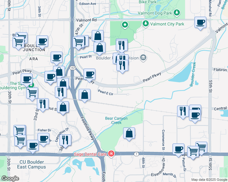 map of restaurants, bars, coffee shops, grocery stores, and more near 4875 Pearl East Circle in Boulder