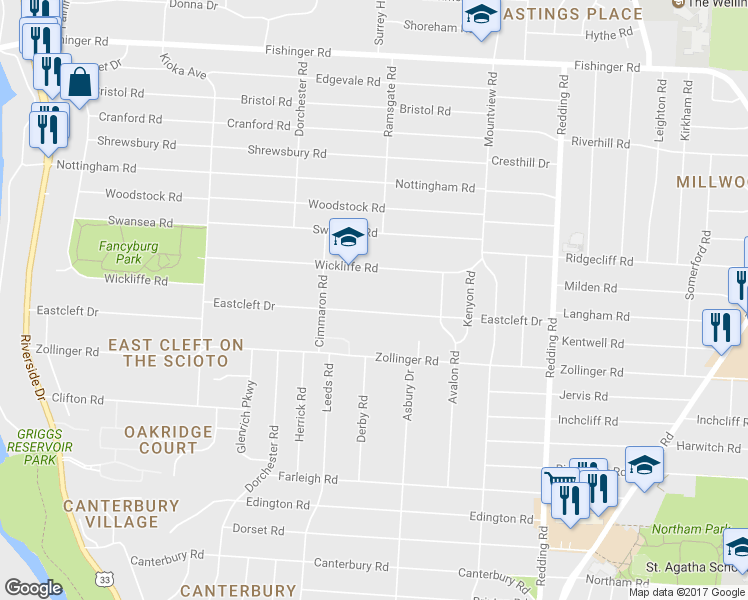 map of restaurants, bars, coffee shops, grocery stores, and more near 2388 Eastcleft Drive in Columbus