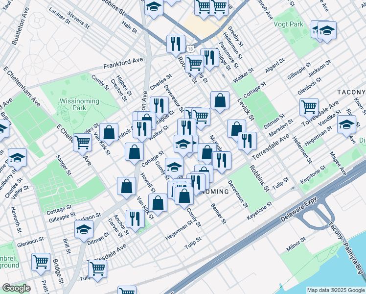 map of restaurants, bars, coffee shops, grocery stores, and more near 6116 Gillespie St in Philadelphia