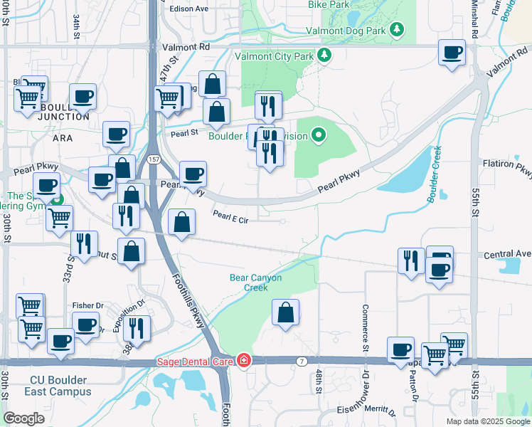 map of restaurants, bars, coffee shops, grocery stores, and more near 4909 Pearl East Circle in Boulder