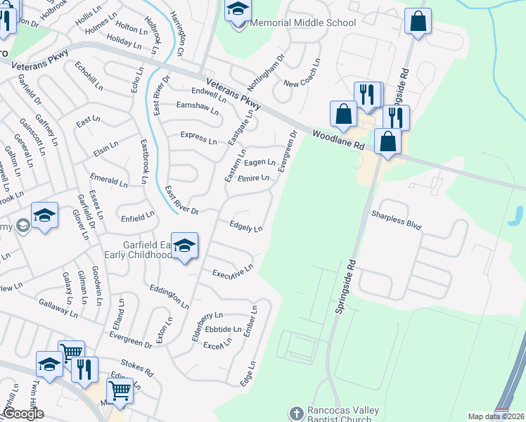 map of restaurants, bars, coffee shops, grocery stores, and more near 54 Edgely Lane in Willingboro