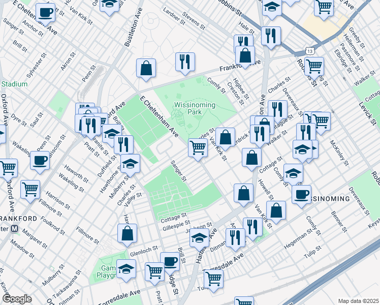 map of restaurants, bars, coffee shops, grocery stores, and more near 5452 Tackawanna Street in Philadelphia
