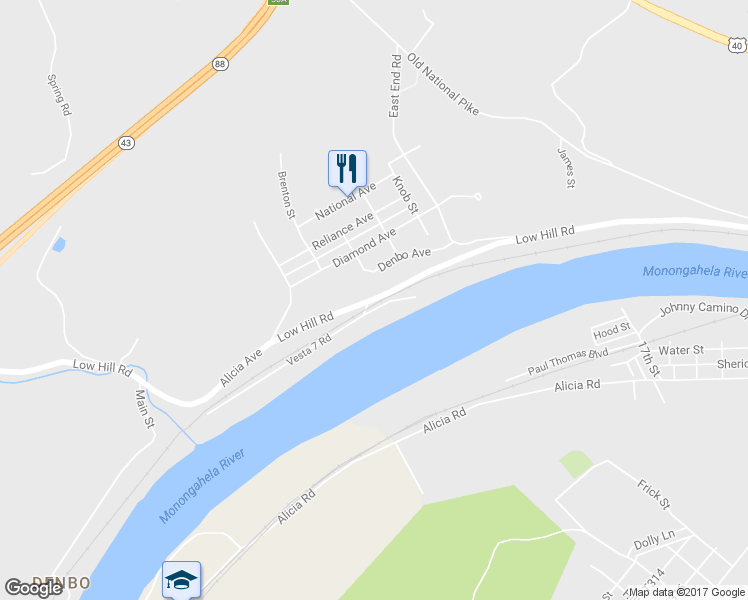 map of restaurants, bars, coffee shops, grocery stores, and more near 75 Low Hill Road in Brownsville