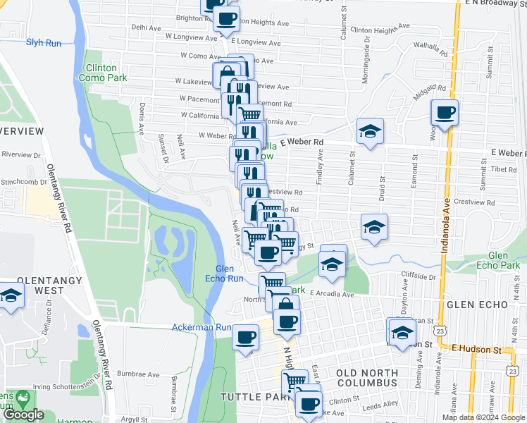 map of restaurants, bars, coffee shops, grocery stores, and more near 2910 North High Street in Columbus