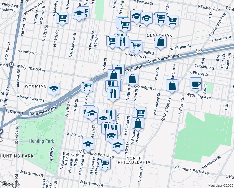 map of restaurants, bars, coffee shops, grocery stores, and more near 4619 North 5th Street in Philadelphia
