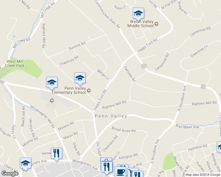 map of restaurants, bars, coffee shops, grocery stores, and more near 829 Hagys Ford Road in Penn Valley