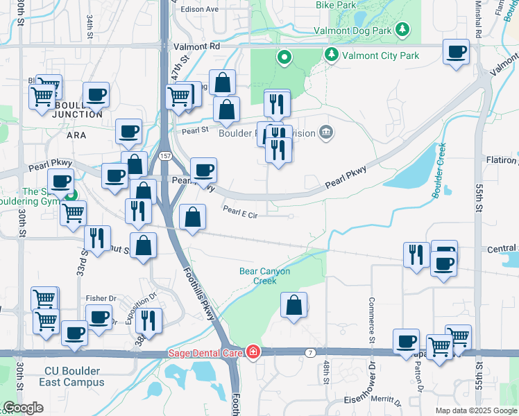 map of restaurants, bars, coffee shops, grocery stores, and more near 4875 Pearl East Circle in Boulder