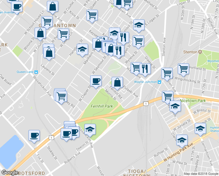 map of restaurants, bars, coffee shops, grocery stores, and more near 4642 Fernhill Road in Philadelphia
