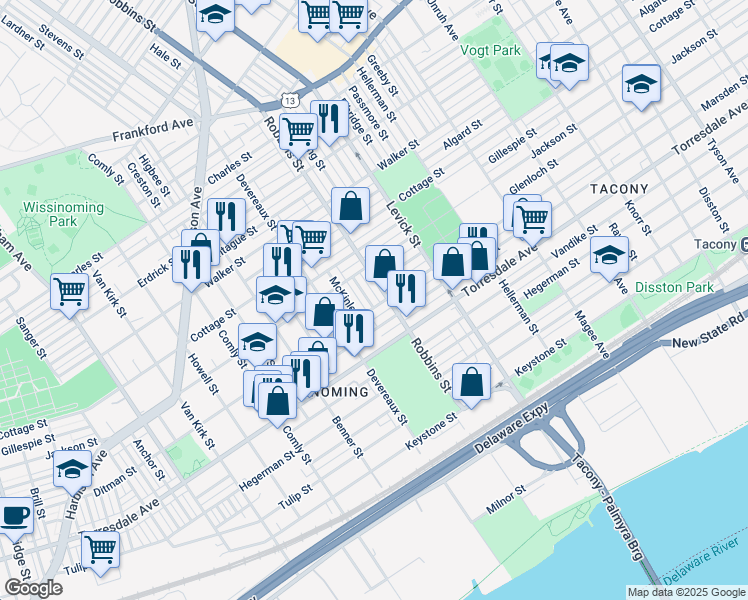 map of restaurants, bars, coffee shops, grocery stores, and more near 4543 Hale Street in Philadelphia