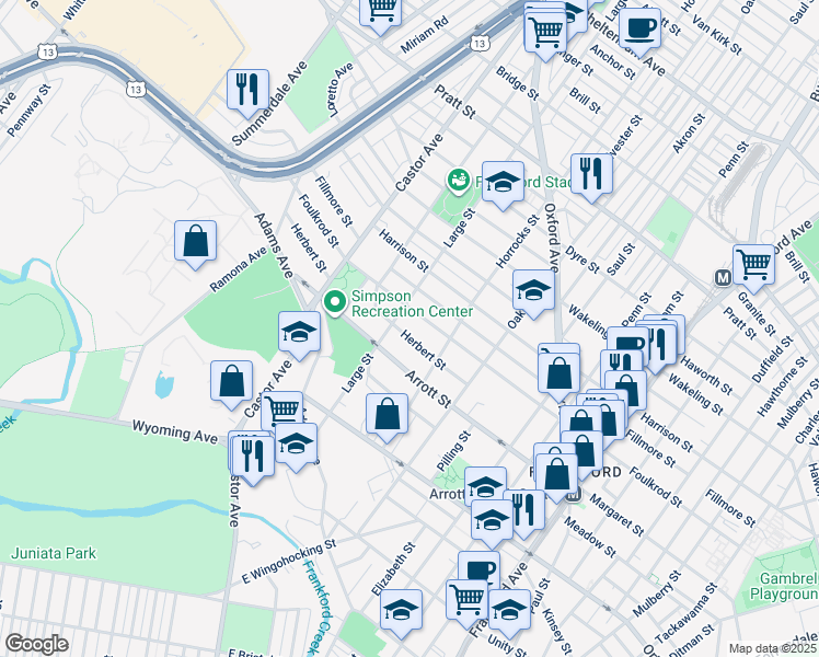 map of restaurants, bars, coffee shops, grocery stores, and more near 1113 1/2 Herbert Street in Philadelphia