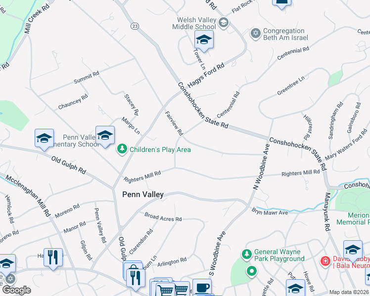 map of restaurants, bars, coffee shops, grocery stores, and more near 907 Centennial Road in Penn Valley