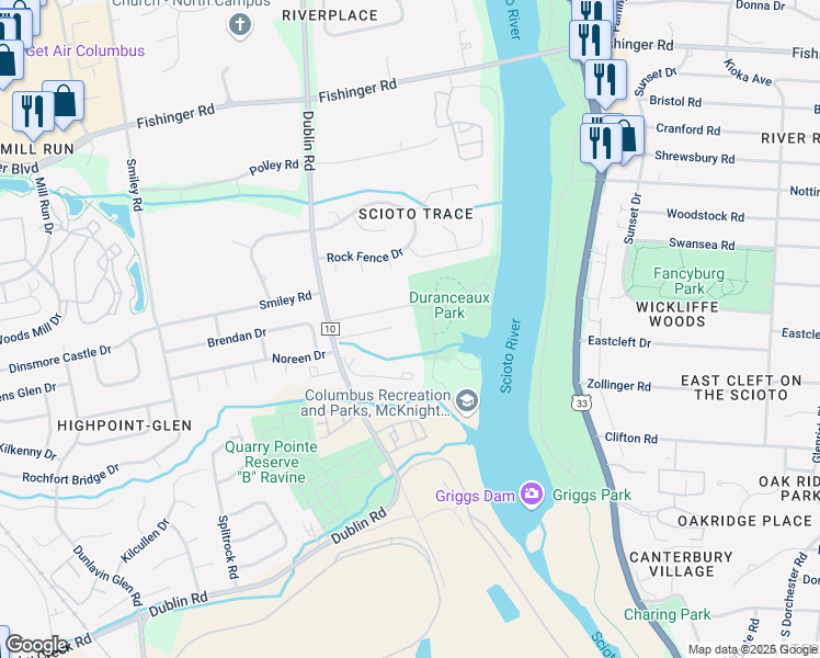 map of restaurants, bars, coffee shops, grocery stores, and more near 3085 Griggsview Court in Columbus