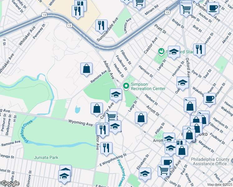 map of restaurants, bars, coffee shops, grocery stores, and more near 4662 Castor Avenue in Philadelphia