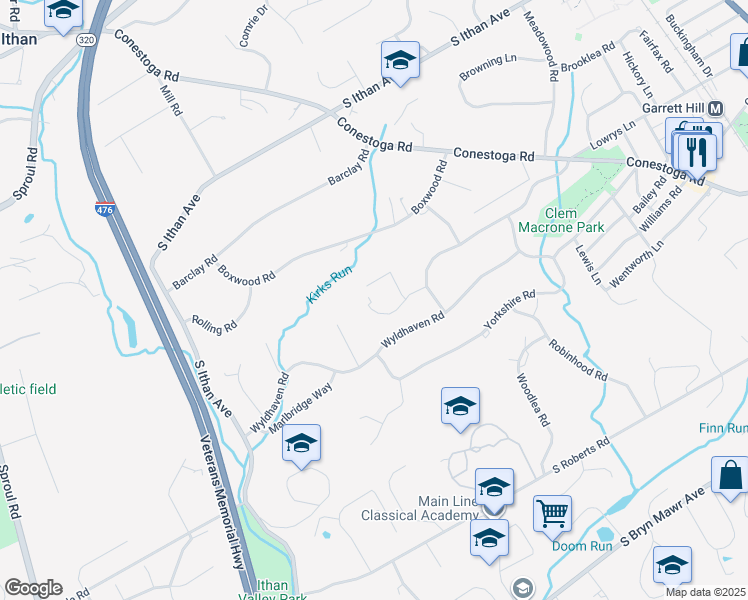 map of restaurants, bars, coffee shops, grocery stores, and more near 404 Cheswick Road in Bryn Mawr