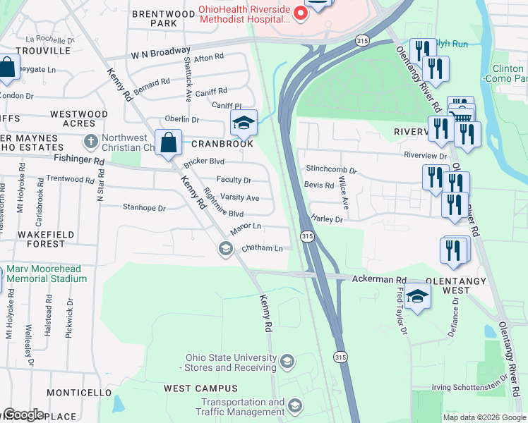 map of restaurants, bars, coffee shops, grocery stores, and more near 834 Bricker Boulevard in Columbus