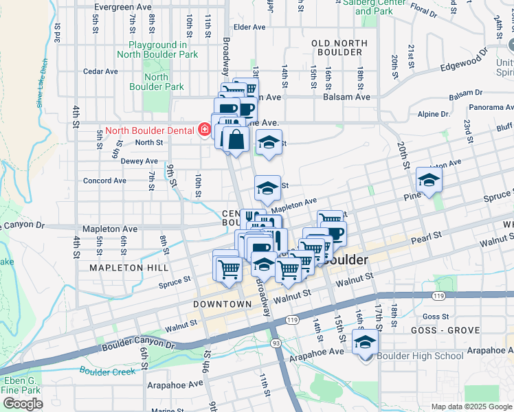 map of restaurants, bars, coffee shops, grocery stores, and more near 2319 13th Street in Boulder