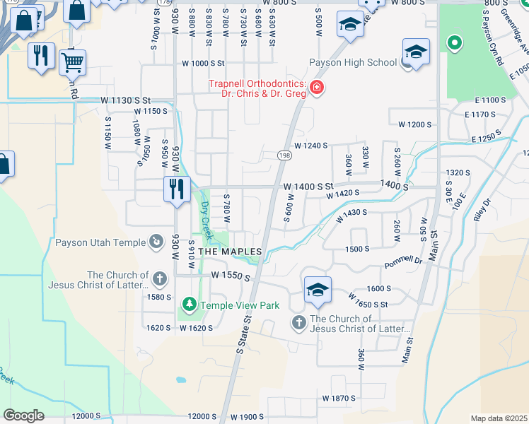 map of restaurants, bars, coffee shops, grocery stores, and more near 1433 South 680 West Street in Payson