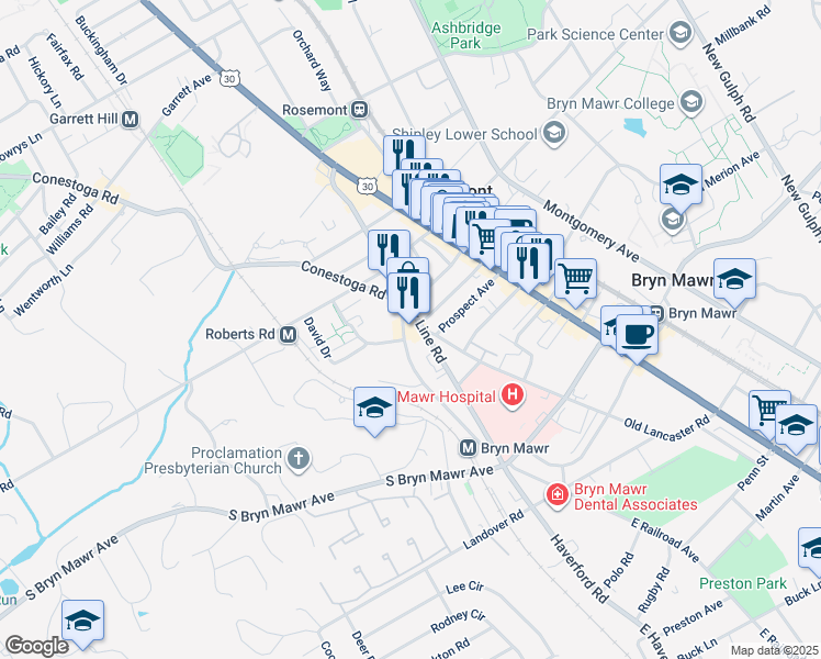 map of restaurants, bars, coffee shops, grocery stores, and more near 968 Glenbrook Avenue in Bryn Mawr