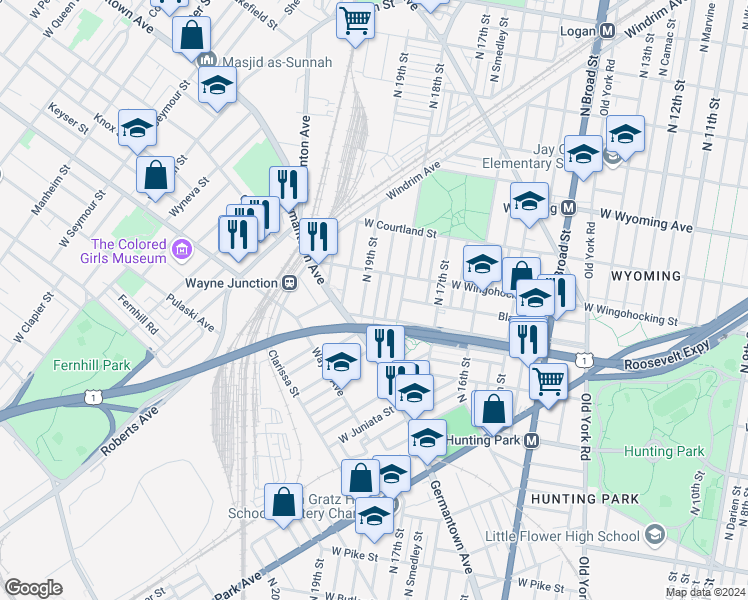 map of restaurants, bars, coffee shops, grocery stores, and more near 4424 North Gratz Street in Philadelphia