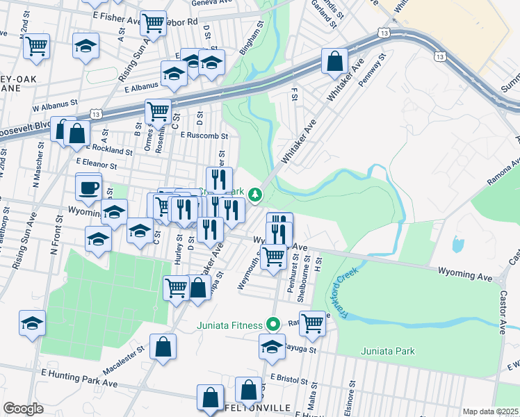map of restaurants, bars, coffee shops, grocery stores, and more near 4770 Tampa Street in Philadelphia