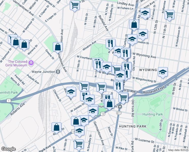 map of restaurants, bars, coffee shops, grocery stores, and more near 1705 Blavis Street in Philadelphia