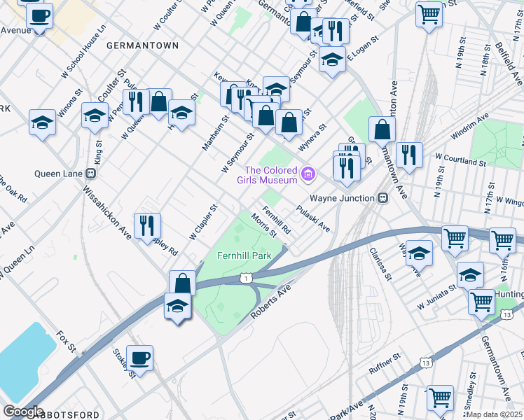 map of restaurants, bars, coffee shops, grocery stores, and more near 4642 Fernhill Road in Philadelphia