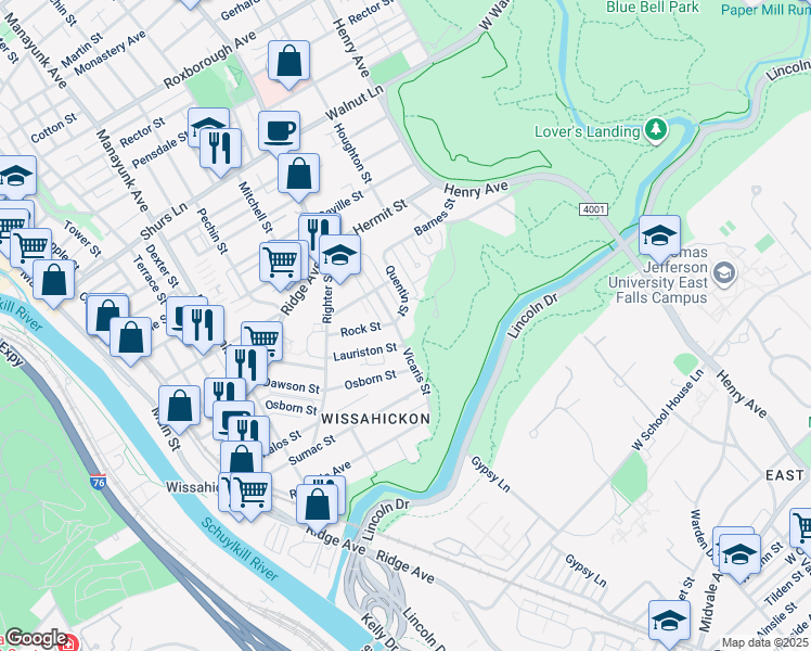 map of restaurants, bars, coffee shops, grocery stores, and more near 5407 Quentin St in Philadelphia