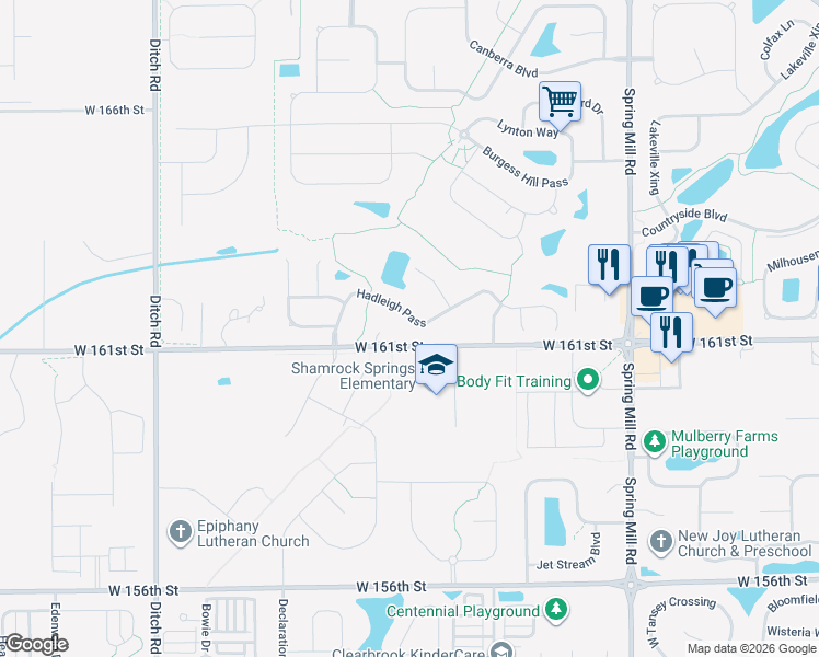 map of restaurants, bars, coffee shops, grocery stores, and more near 835 Hadleigh Pass in Westfield